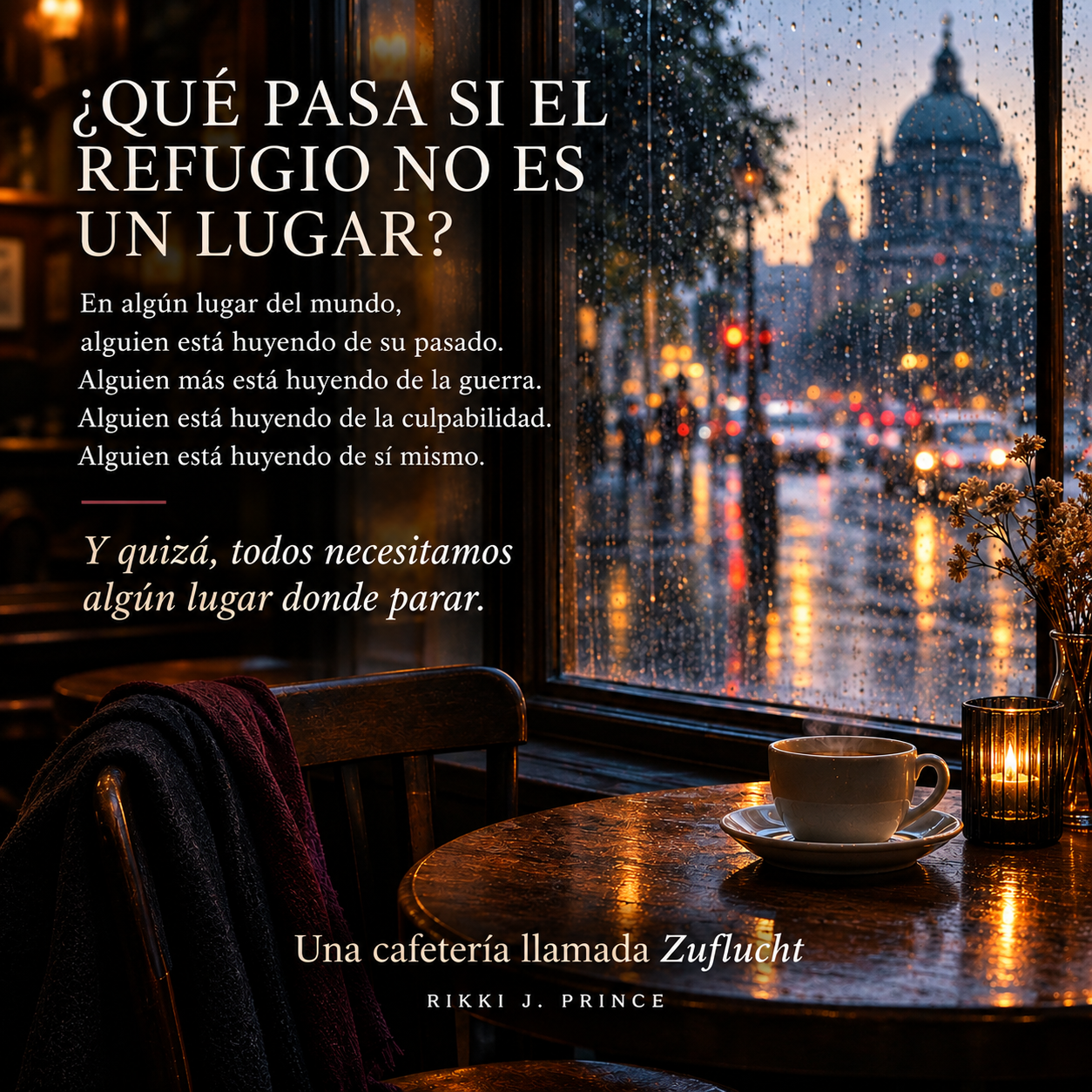 Una tarde lluviosa vista desde una cafetería tranquila, con una silla vacía y una taza de café